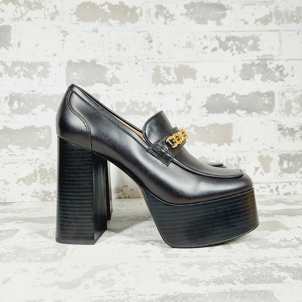 New SAM EDELMAN Rowe Platform Black Faux Leather Heeled Loafers i 622 - Picture 7 of 13